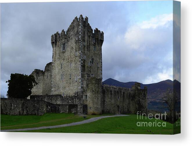 Ross-castle Canvas Print featuring the photograph Ross Castle Ruins in Killarney Ireland on a Cloudy Day by DejaVu Designs