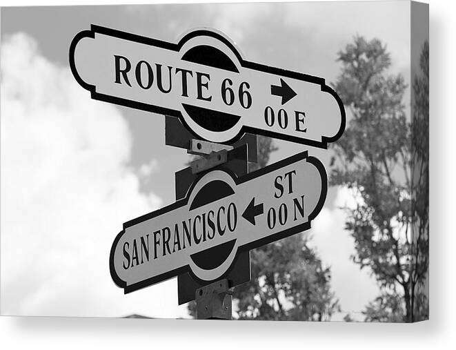 Sign Canvas Print featuring the photograph Route 66 Street Sign Black And White by Phyllis Denton