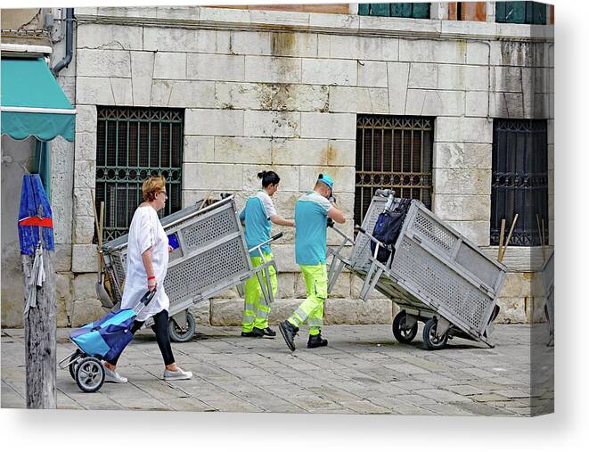 Rubbish Canvas Print featuring the photograph Rubbish Collection Personnel In Venice, Italy by Rick Rosenshein