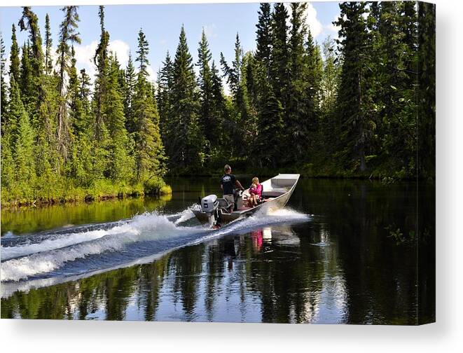 Boat Canvas Print featuring the photograph Running Upriver by Cathy Mahnke