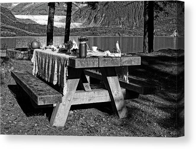Picnic Table Canvas Print featuring the photograph Rustic Tea Table Monochrome by Cathy Mahnke