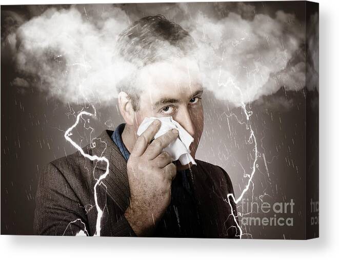 Sad Canvas Print featuring the photograph Sad and unhappy businessman crying a head storm by Jorgo Photography
