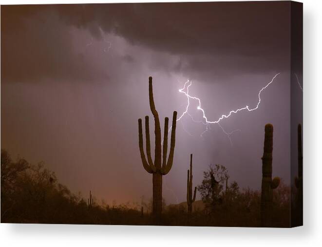 Lightning Canvas Print featuring the photograph Saguaro Southwest Desert Lightning Air Strike by James BO Insogna