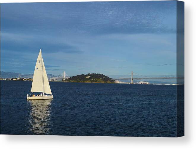 Sailboat And Bridge Canvas Print featuring the photograph Sailboat and Bridge by Warren Thompson