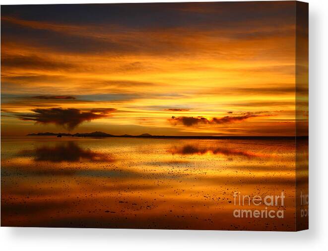 Golden Sunset Canvas Print featuring the photograph Salar de Uyuni Sunset Reflections by James Brunker