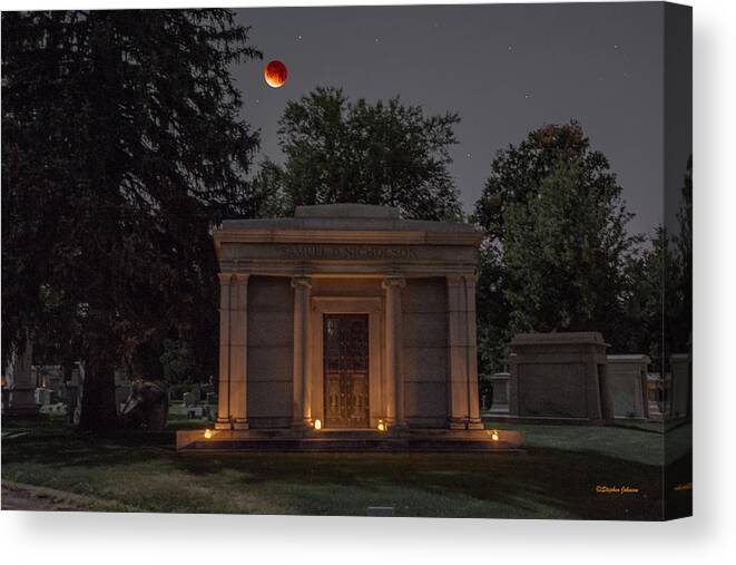 Lunar Eclipse Canvas Print featuring the photograph Samuel D. Nicholson Mausoleum Under the Blood Moon by Stephen Johnson