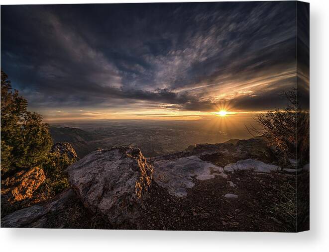 Albuquerque Canvas Print featuring the photograph Sandia Peak Sunset full rays by Framing Places