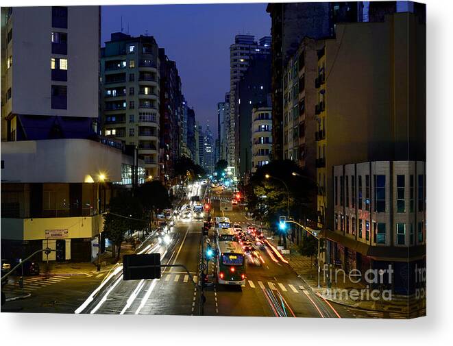 Sao Paulo Canvas Print featuring the photograph Sao Paulo, Brazil - Avenida Sao Joao at Dusk by Carlos Alkmin