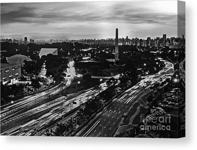 Skyline Canvas Print featuring the photograph Sao Paulo Skyline - Ibirapuera and Obelisk - Black and White by Carlos Alkmin