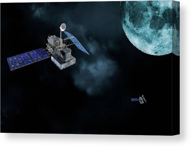 Satellites Canvas Print featuring the photograph Satellites in orbit around the moon by Christian Lagereek