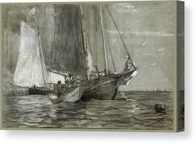 Winslow Homer Canvas Print featuring the drawing Schooner at Anchor by Winslow Homer