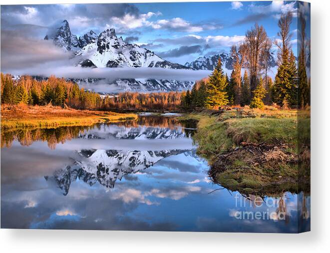 Teton Canvas Print featuring the photograph Schwabacher Spring Sunrise Reflections by Adam Jewell