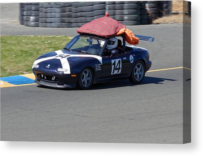 Sports Canvas Print featuring the photograph Scotty We Need More Power -- Mazda Miata at the 24 Hours of LeMons Race in Sonoma, California by Darin Volpe