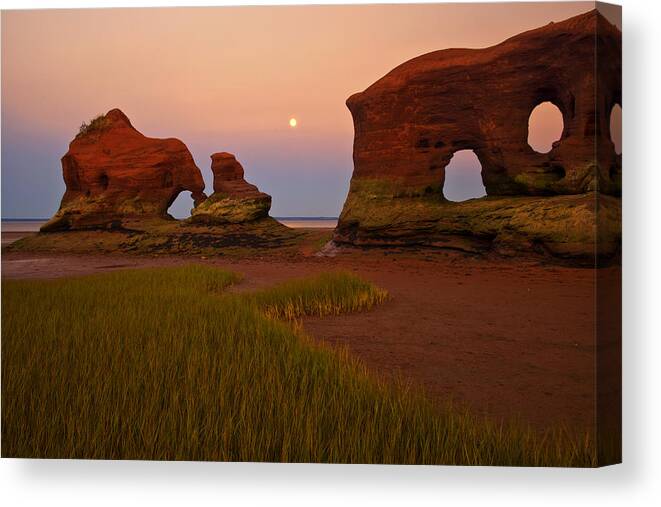 Coastal Canvas Print featuring the photograph Sea Stacks And Moon At Twilight by Irwin Barrett