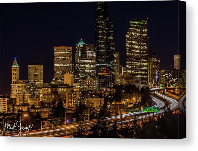 Seattle Canvas Print featuring the photograph Seattle Night Skyline by Mark Joseph