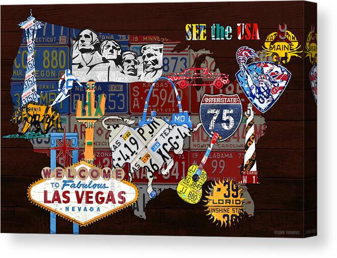 See The Usa Canvas Print featuring the mixed media See the USA Vintage Travel Map Recycled License Plate Art of American Landmarks by Design Turnpike