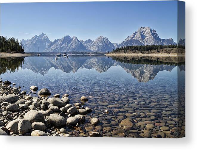 Tetons Canvas Print featuring the photograph Jackson Lake near Signal Mountain Lodge by Shirley Mitchell