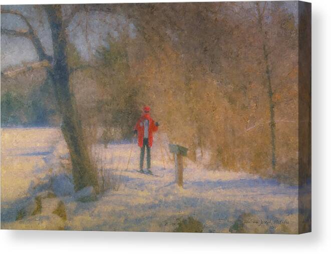 Skier Canvas Print featuring the painting Skier on Pond Edge Trail at Borderland by Bill McEntee