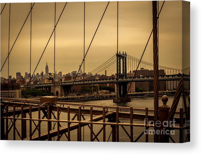 2015 Canvas Print featuring the photograph Skyline NY from Brooklyn Bridge by Franz Zarda