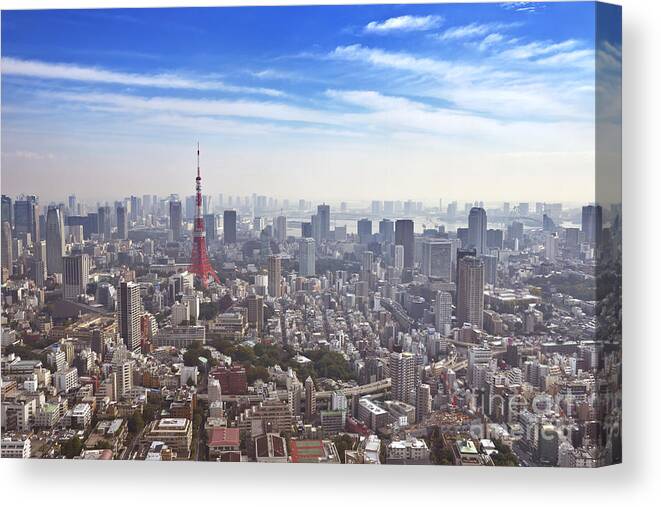 Tokyo Canvas Print featuring the photograph Skyline of Tokyo, Japan with the Tokyo Tower, from above by Sara Winter