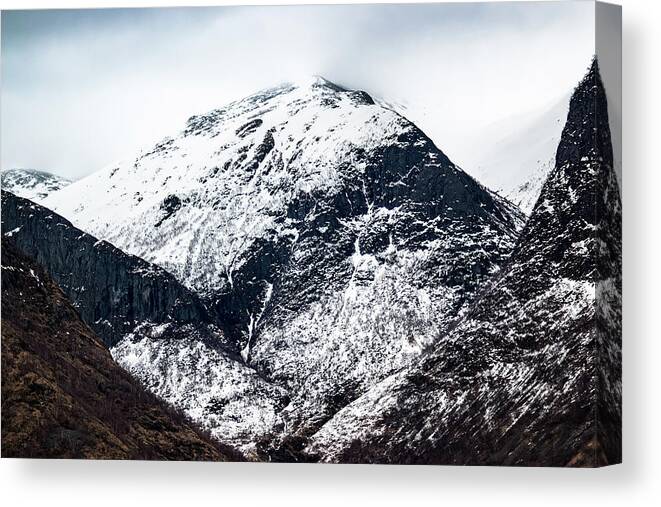 Aurlandsfjord Canvas Print featuring the photograph Snow Caps near Undredal Norway by Adam Rainoff