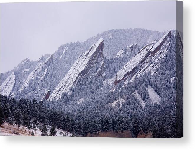 Snow Canvas Print featuring the photograph Snow Dusted Flatirons Boulder Colorado by James BO Insogna