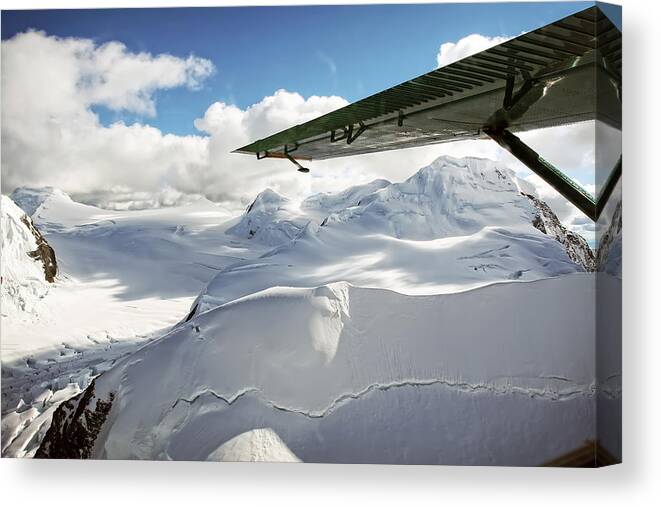 Alaska Canvas Print featuring the photograph Snowfield off Airplane Wing - Alaska Range by Waterdancer 