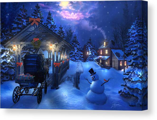 Horse And Buggy Canvas Print featuring the painting Snowman Crossing by Joel Payne