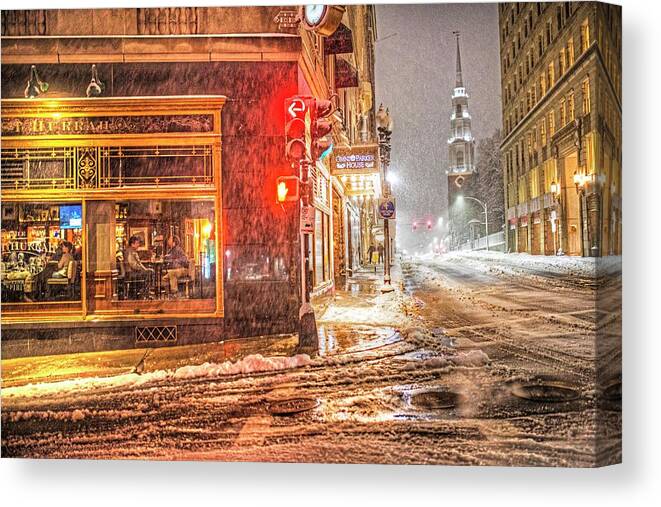 Boston Canvas Print featuring the photograph Snowstorm on Tremont Street Boston MA Park Street Church by Toby McGuire