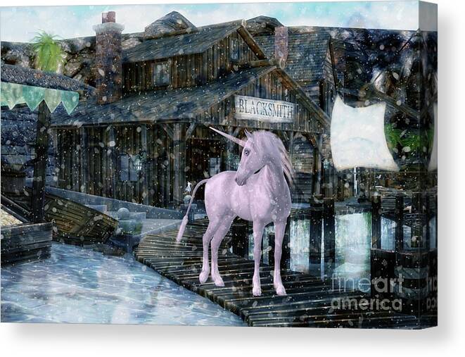 Unicorn Canvas Print featuring the digital art Snowy Unicorn by Digital Art Cafe