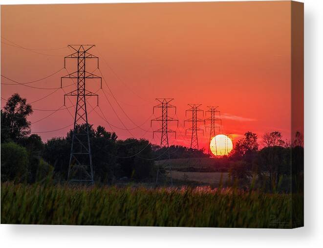 Sun Sunset Power Electricity Power Lines Landscape Marsh Cattails Horizontal Orange Green Yellow Canvas Print featuring the photograph Solar Power by Peter Herman