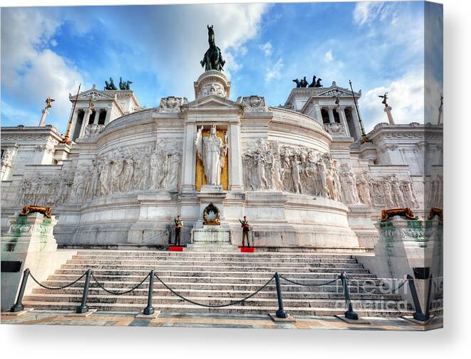 Rome Canvas Print featuring the photograph Soldiers guard the Tomb of the Unknown Soldier at The Altare della Patria monument in Rome by Michal Bednarek