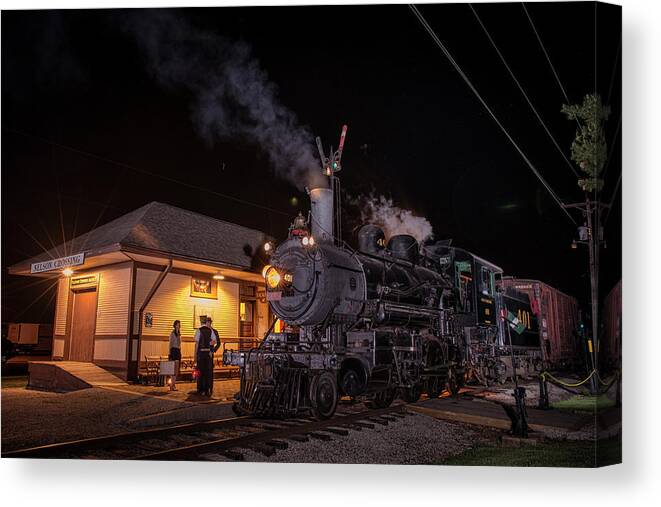 #railroad #railroads Train #trains Canvas Print featuring the photograph Southern 401 sits beside the Nelson Crossing Station by Jim Pearson