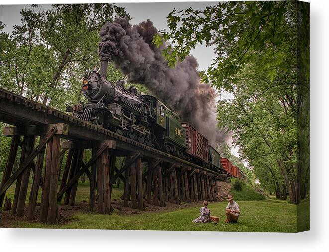 #railroad #railroads Train #trains Canvas Print featuring the photograph Southern Steam engine 401 heads across the Camp Creek Trestle by Jim Pearson