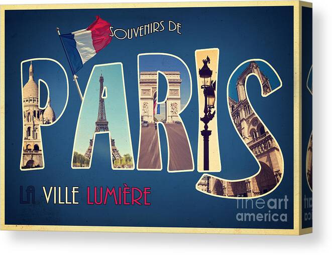 Paris Canvas Print featuring the mixed media Souvenirs de Paris, vintage postcard by Delphimages Paris Photography