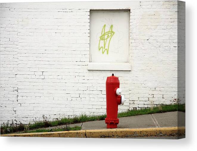 Space Invader Canvas Print featuring the photograph Space Invader And The Unsuspecting Hydrant by Kreddible Trout