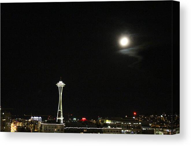Space Needle Canvas Print featuring the photograph Space Needle and the Full Moon by Suzanne Lorenz