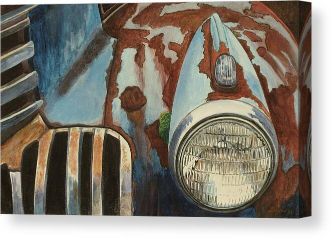 Old Truck Trucks Chevrolet Headlight Rust Car Cars Automobile Garage Service Station Work Grille Fender Nostalgia Canvas Print featuring the painting Spare Your Heart by Laurie Stewart