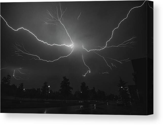 05/14/2018 Canvas Print featuring the photograph Spider Lightning over DC in BW by Jeff at JSJ Photography