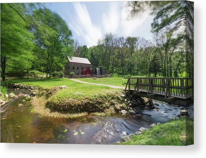 Sudbury Grist Mill Old Iconic Historic Landscape Water Waterwheel Wheel Falls Waterfall Bridge Over Water Stream River Brook Grass Trees Long Exposure Clouds Streaking Streak Nature Outside Outdoors Ma Mass Massachusetts U.s.a. Usa Brian Hale Brianhalephoto Stone Wall Building Architecture Canvas Print featuring the photograph Spring in Sudbury by Brian Hale
