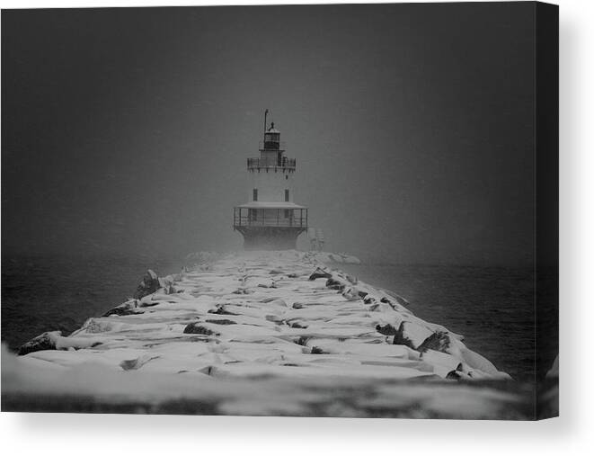 Sprint Point Canvas Print featuring the photograph Spring Point Ledge Lighthouse Blizzard in Black n White by Darryl Hendricks