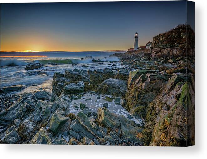 Portland Head Lighthouse Canvas Print featuring the photograph Spring Sunrise at Portland Head by Rick Berk