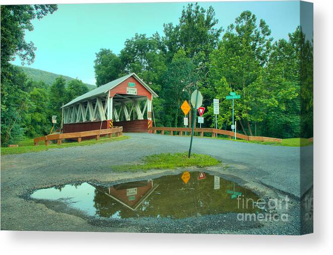 St Mary Covered Bridge Canvas Print featuring the photograph St Mary Covered Bridge Refletions by Adam Jewell