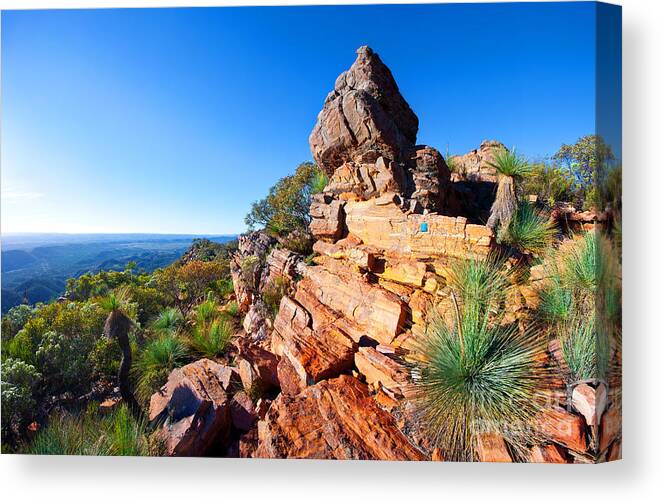 St Mary Peak Wilpena Pound Flinders Ranges Outback South Australia Australian Landscape Landscapes Rocky Outcrop Early Morning Canvas Print featuring the photograph St Mary Peak Wilpena Pound by Bill Robinson