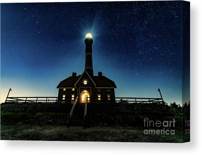 Montauk Canvas Print featuring the photograph Stars at the Fire Island Lighthouse Lit Up At Night by Alissa Beth Photography