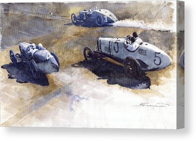 Watercolour Canvas Print featuring the painting Start Italian GP 1923 Monza by Yuriy Shevchuk