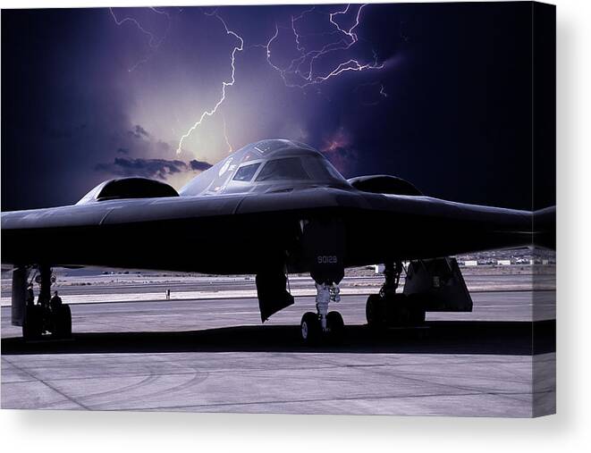 B-2 Stealth Bomber Canvas Print featuring the mixed media Stealth Lightning by Erik Simonsen