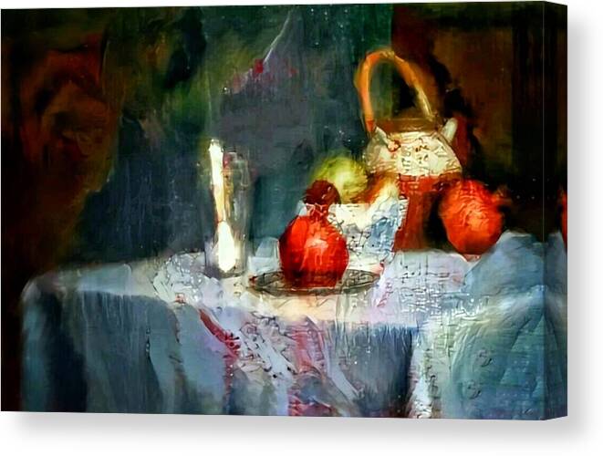 Still Life Canvas Print featuring the painting Still life oil painting table with pomegranate ceramic kettle glass knife and bowl of fruit pears linen sketch painting life drawing by MendyZ