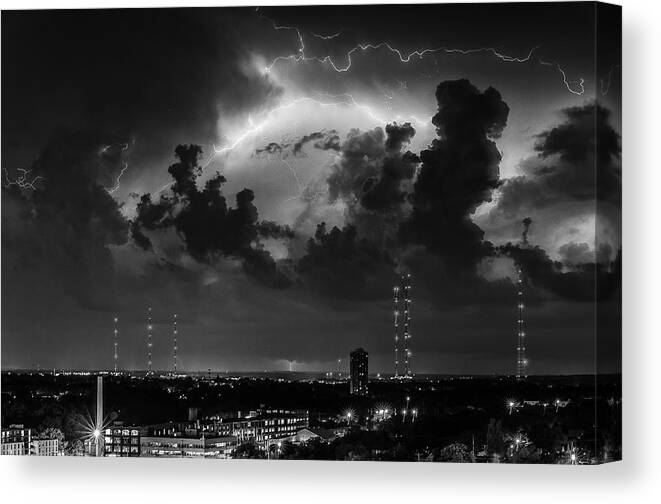 Monochrome Canvas Print featuring the photograph Storm over Milwaukee #2 by John Roach