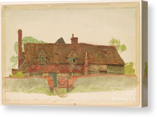 Kate Greenaway 1846-1901 Study Of A Long Cottage With Dormer Windows And Tiled Upper Wall. Beautiful House Canvas Print featuring the painting Study of a Long Cottage with Dormer Windows by MotionAge Designs